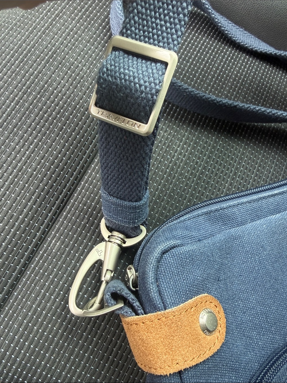 Travelon Navy Blue Canvas Messenger Bag with Tan Accents - Picture 4 of 12